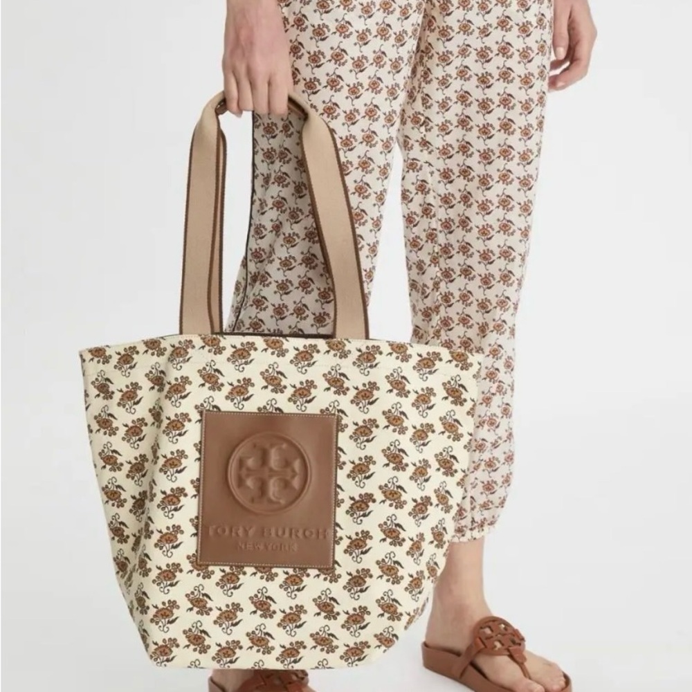 Tory Burch Floral Ella Cream and Brown Tote